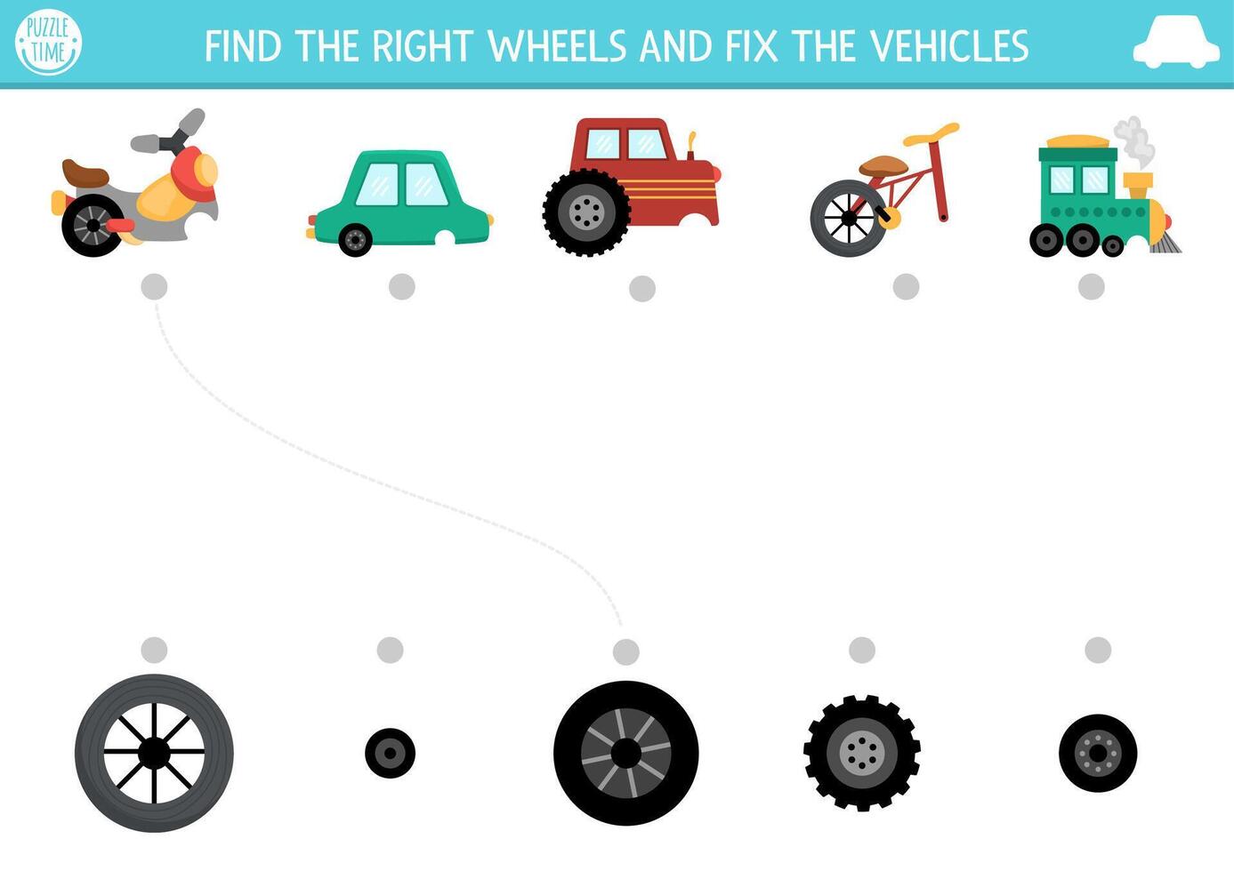 Transportation matching activity with cute transport and missing parts. Match the objects game or puzzle with car, bike. Match up page, printable worksheet with vehicle. Find the wheel vector
