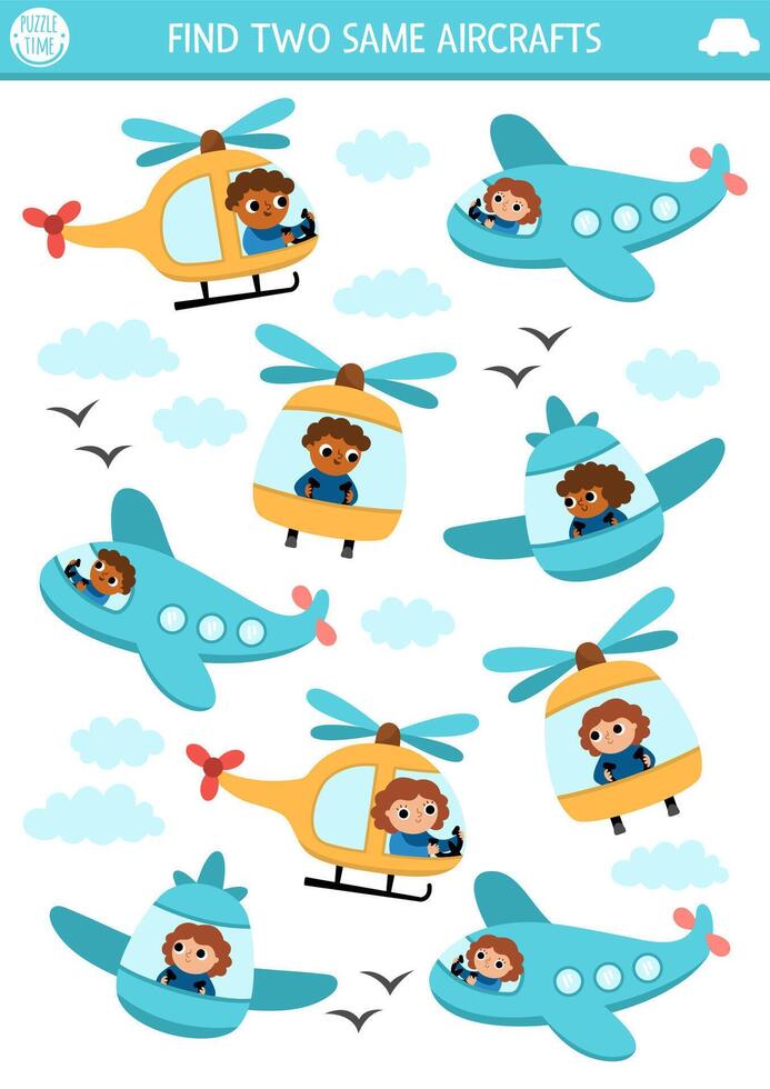 Find two same aircrafts. Transportation matching activity for children. Air transport educational quiz worksheet for kids for attention skills. Simple printable game with cute plane, helicopter vector