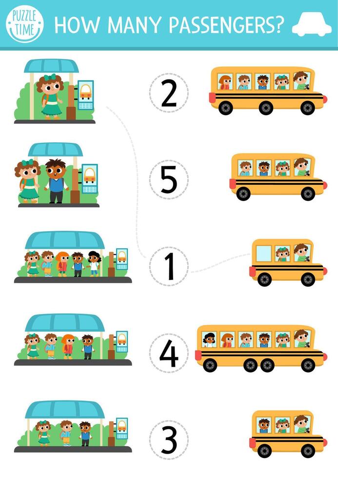 Match the numbers transportation game with school bus. City transport math activity for preschool kids. Educational counting worksheet with cute bus station, pupils. How many passengers vector