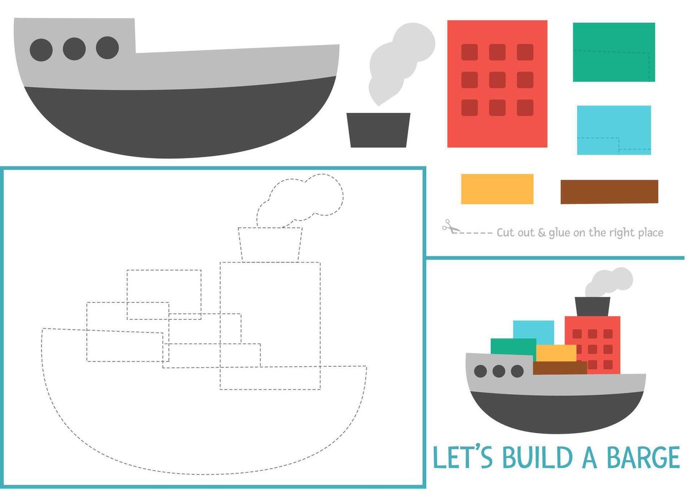 Lets build a barge cut and glue activity. Transportation educational crafting game. Find missing parts. transport printable page for kids with tube, body. Complete the water vehicle vector