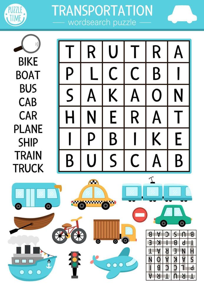 transportation wordsearch puzzle for kids. Simple word search quiz. Educational activity with plane, ship, car, bus, boat, bike, cab, truck. Cross word with city transport vector