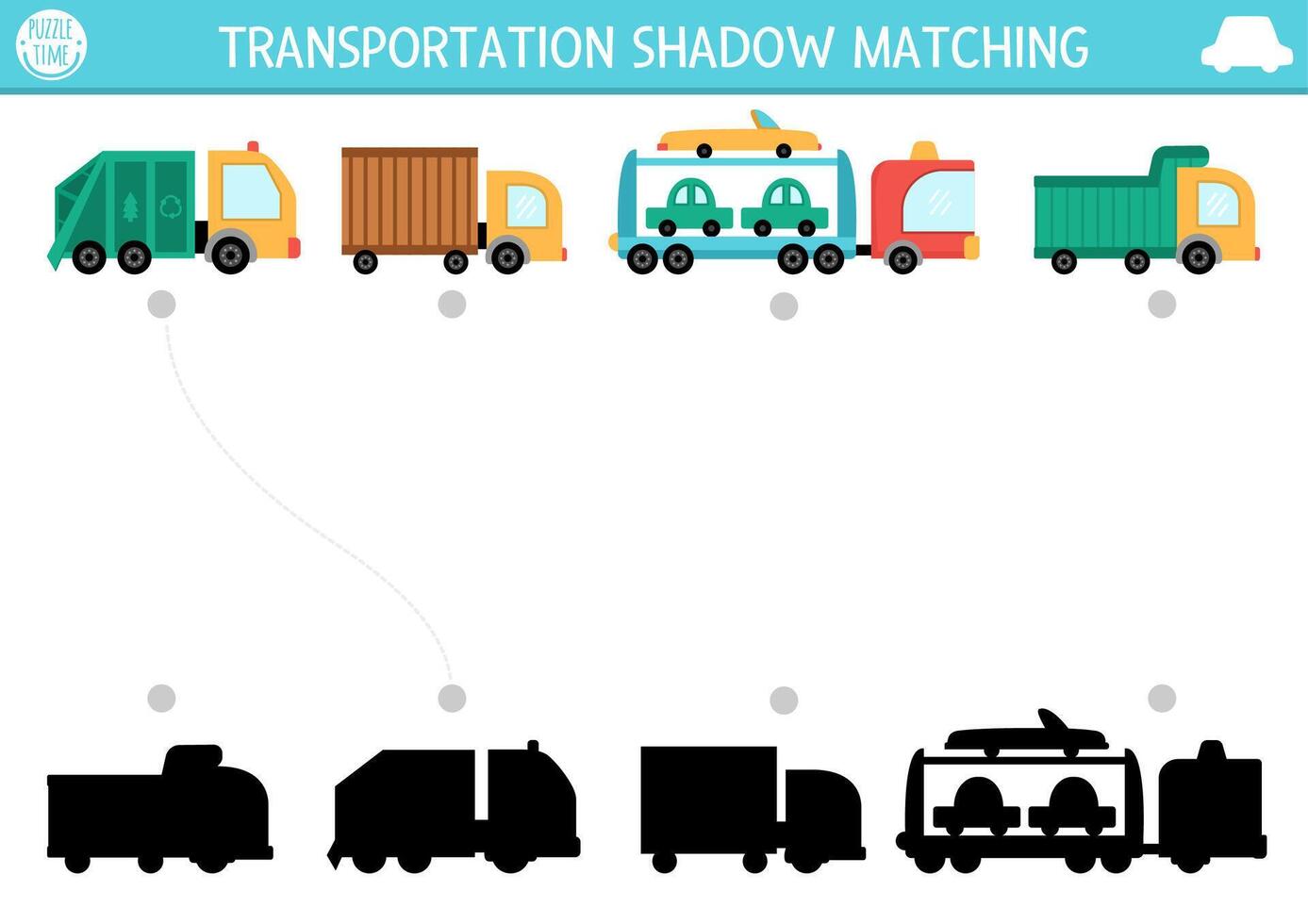 Transportation shadow matching activity. Transport puzzle with cute trucks. Find correct silhouette printable worksheet or game. Funny page for kids with lorry vector