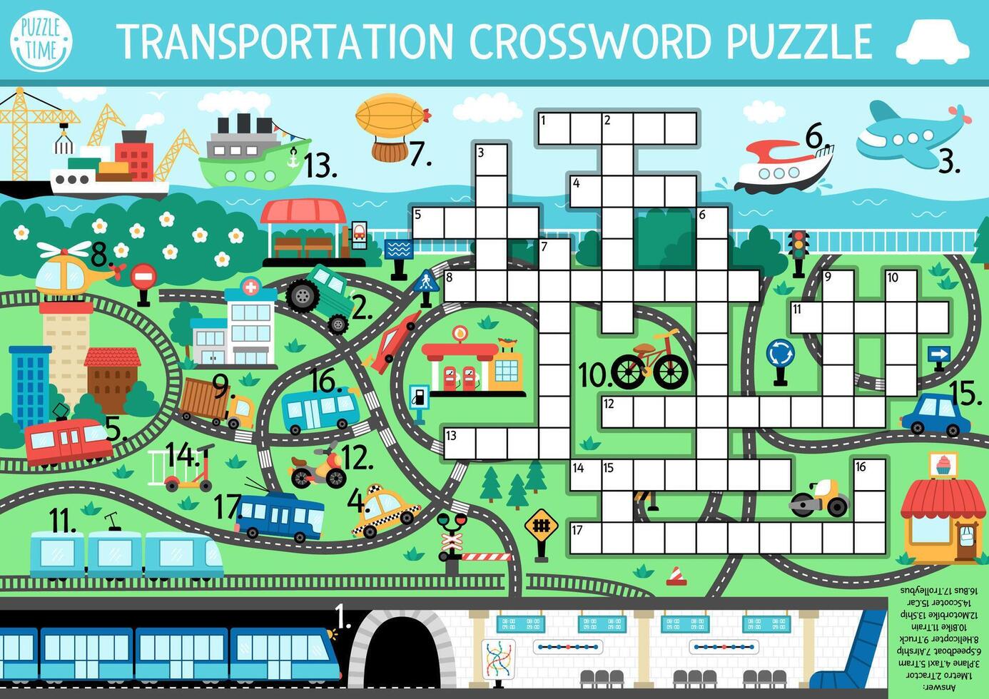 transportation crossword puzzle for kids Simple quiz with city