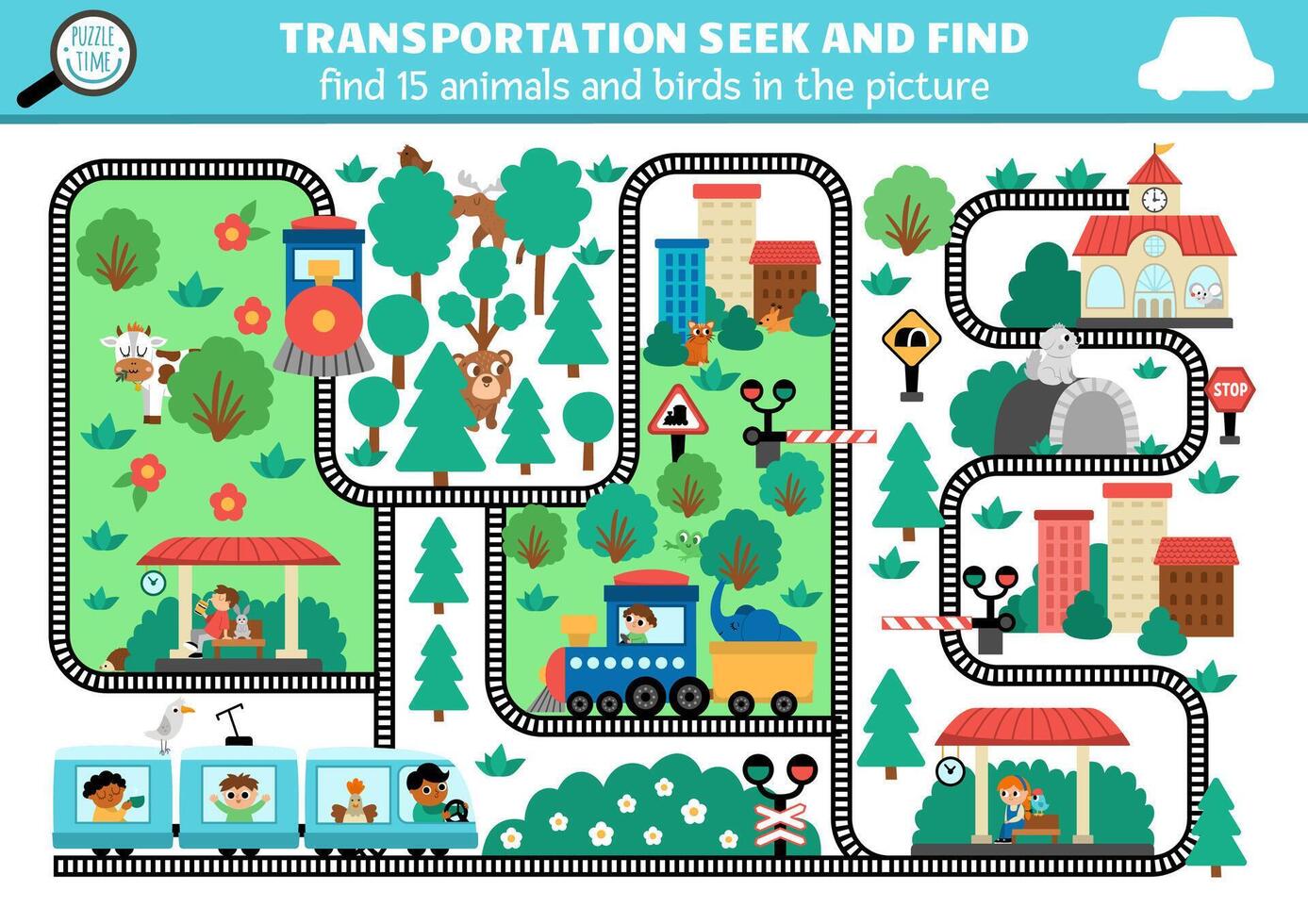transportation searching game with city landscape, rails, trains. Spot hidden animals and birds in the picture. Simple railroad transport seek and find educational printable activity for kids vector