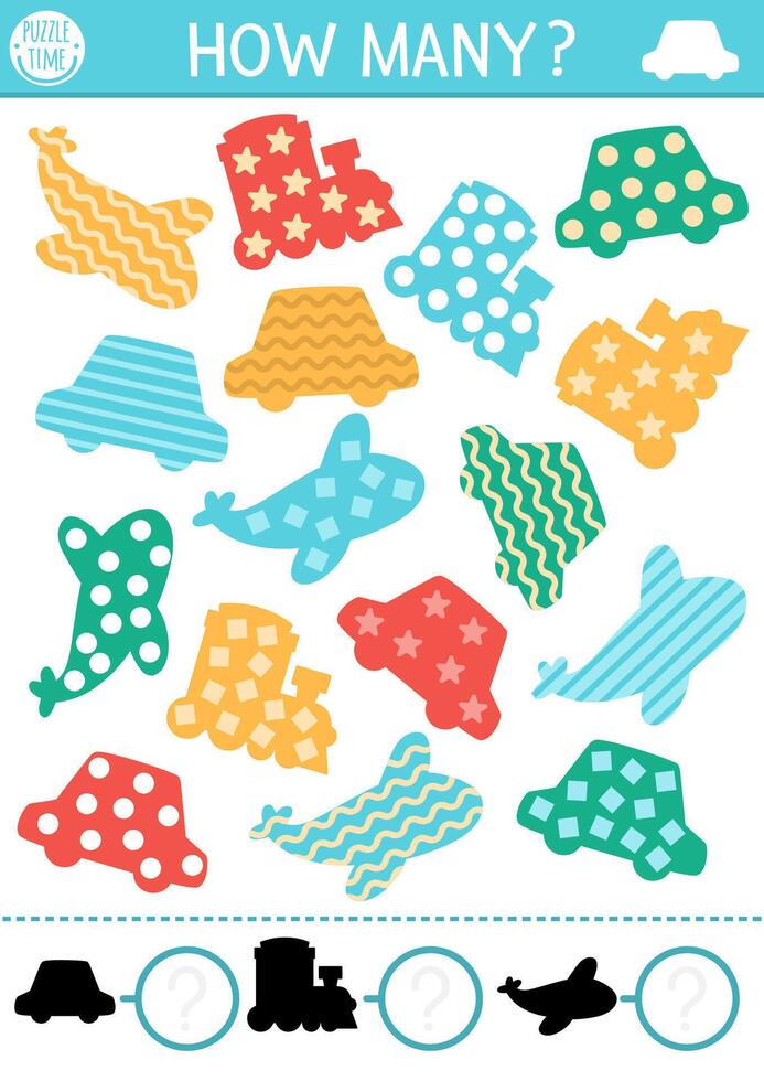Counting and shape recognition game with cute transport. Math and shadow matching activity for preschool kids. Transportation printable worksheet. Educational puzzle with plane, train, car vector