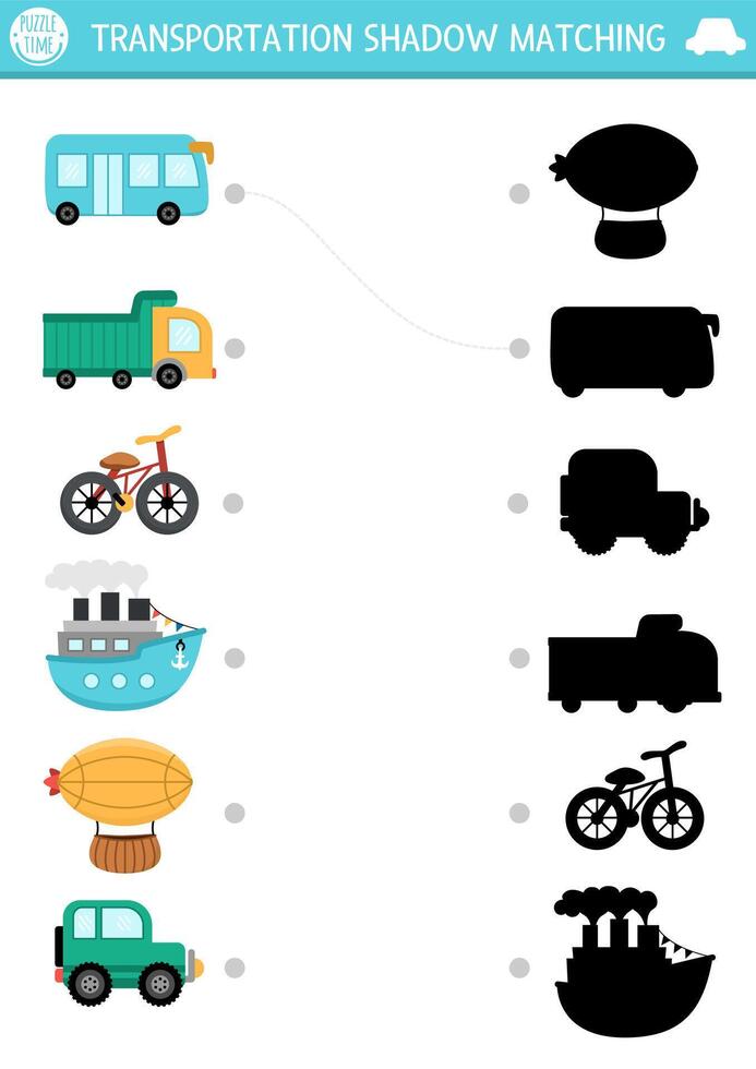 Transportation shadow matching activity. Transport puzzle with cute car, truck, ship, zeppelin, bike, bus. Find correct silhouette printable worksheet or game. Funny page for kids vector