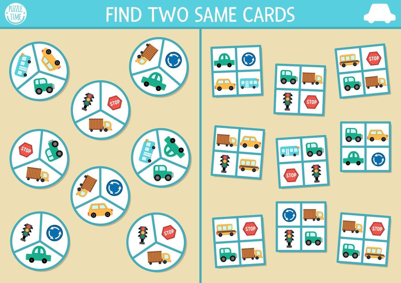 Find two same cards with transport. Transportation matching activity for children. Educational quiz worksheet for kids for attention skills. Simple printable game with car, truck, road signs vector