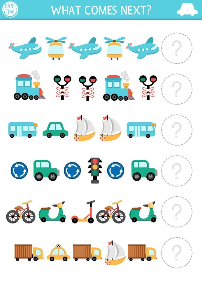 What comes next. Transportation matching activity for preschool children with plane, car, scooter, train, boat, bus. Air, water, land transport logical worksheet. Continue the row game vector