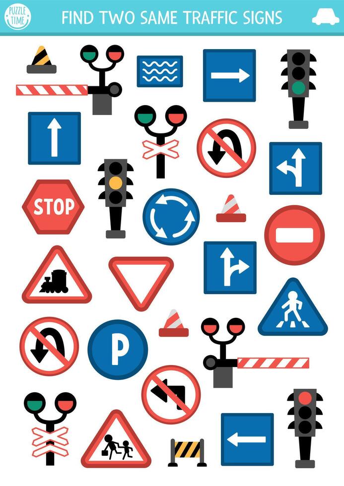 Find two same road signs. Transportation matching activity for children. City traffic educational quiz worksheet for kids for attention skills. Simple printable game road rule plates vector