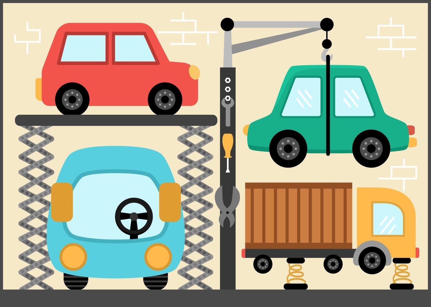 Car service illustration for kids. Vehicle repair scene with cute bus and truck. Workshop with transport and instruments, tools. Garage with transportation standing on lift jacks vector