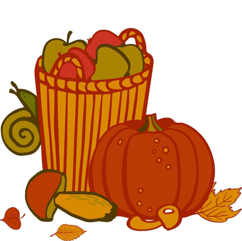 Autumn harvest basket with pumpkin, mushrooms, apples. hand drawn illustration vector