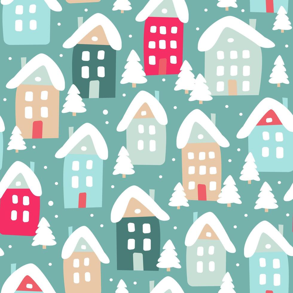 Winter seamless pattern of cute houses and snowy fir trees. Modern simple flat illustration. vector
