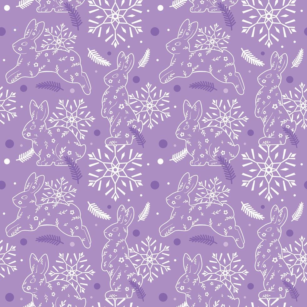 Seamless pattern of rabbits, snowflakes, and fir branches. Winter modern illustration. For wrapping paper, fabric, and wallpaper. vector