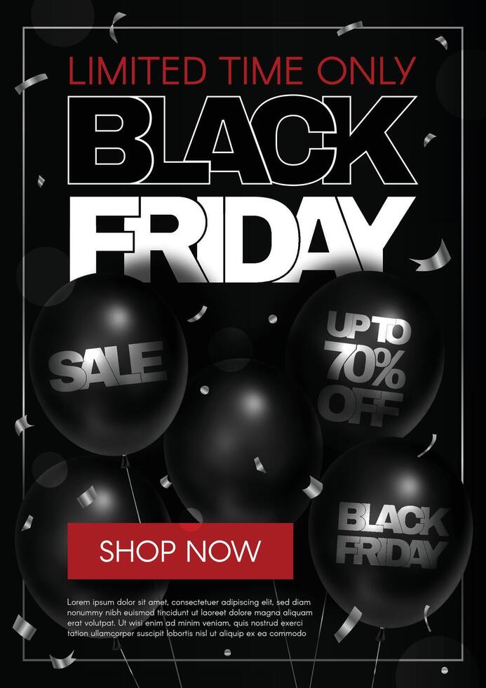 Black Friday. Sale discounts of up to 70. Vertical banner with black balloons and text. modern trendy 3D illustration. vector
