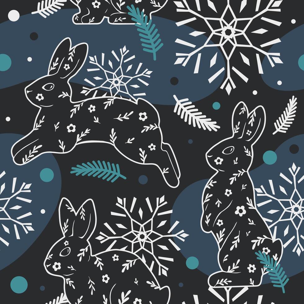 Christmas seamless pattern of rabbits, snowflakes, and fir branches. Winter modern illustration. For wrapping paper, fabric, and wallpaper. vector