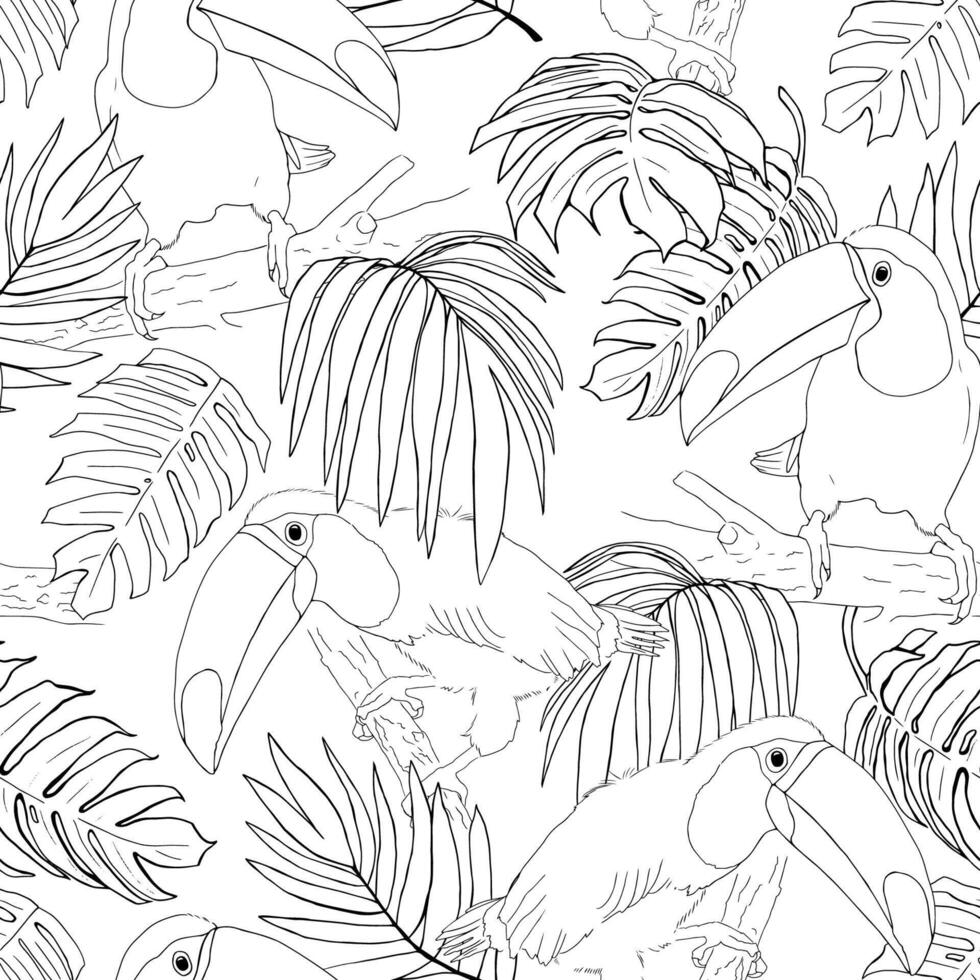 Seamless pattern of hand-drawn toucans and tropical leaves. Black and white line sketch. flat illustration. vector