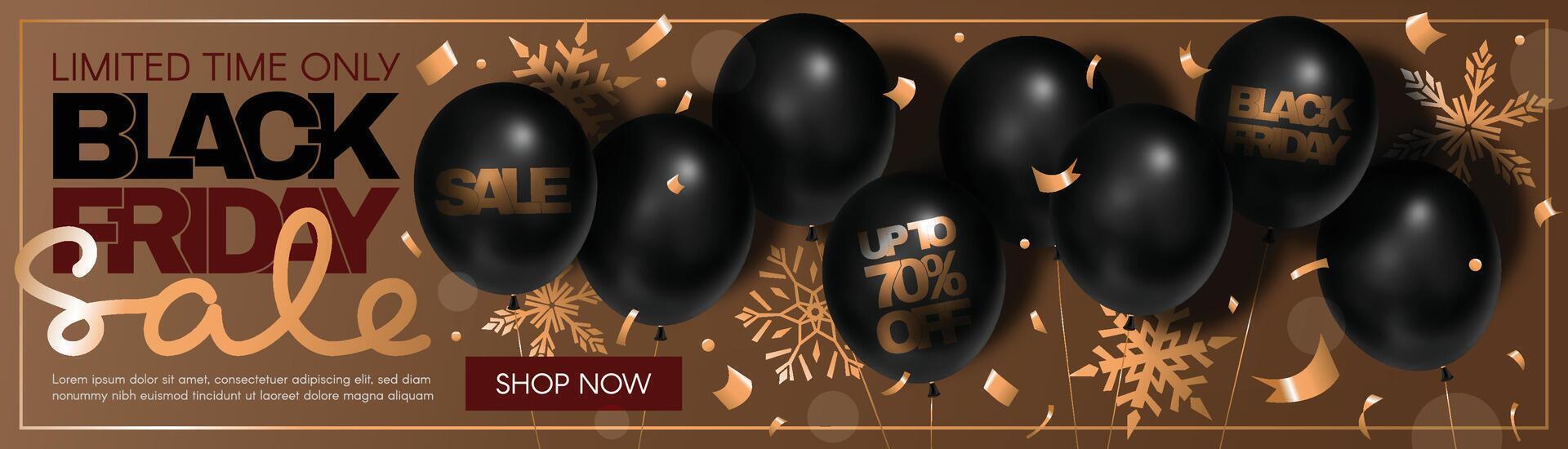 Black Friday. Sale. Discount of up to 70. Long horizontal banner with black balloons and text. modern trendy 3D illustration. vector