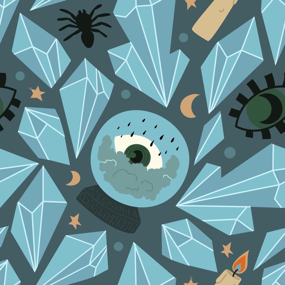 Seamless pattern with crystals, spiders, magic balls, eyes, and candles. Colorful flat illustration for Halloween. Witch things, Divination, fortune telling, magic. vector