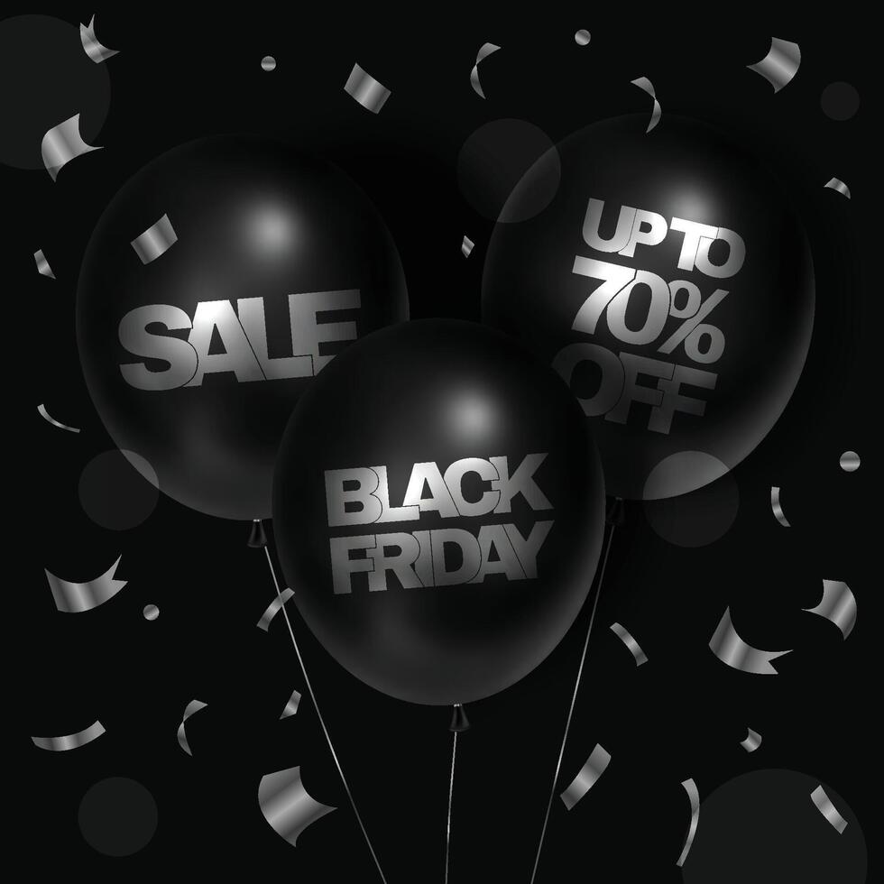 Black Friday. Sale, discounts up to 70. Square poster with black balloons and text. modern trendy 3D illustration. For social media posts. vector