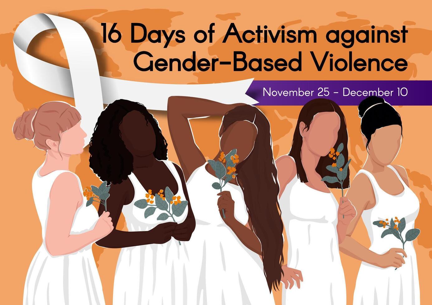 Banner for 16 Days of Activism against Gender-Based Violence with white ribbon. Diverse women from different ethnic groups in white dresses hold flowers in their hands. colorful illustration vector