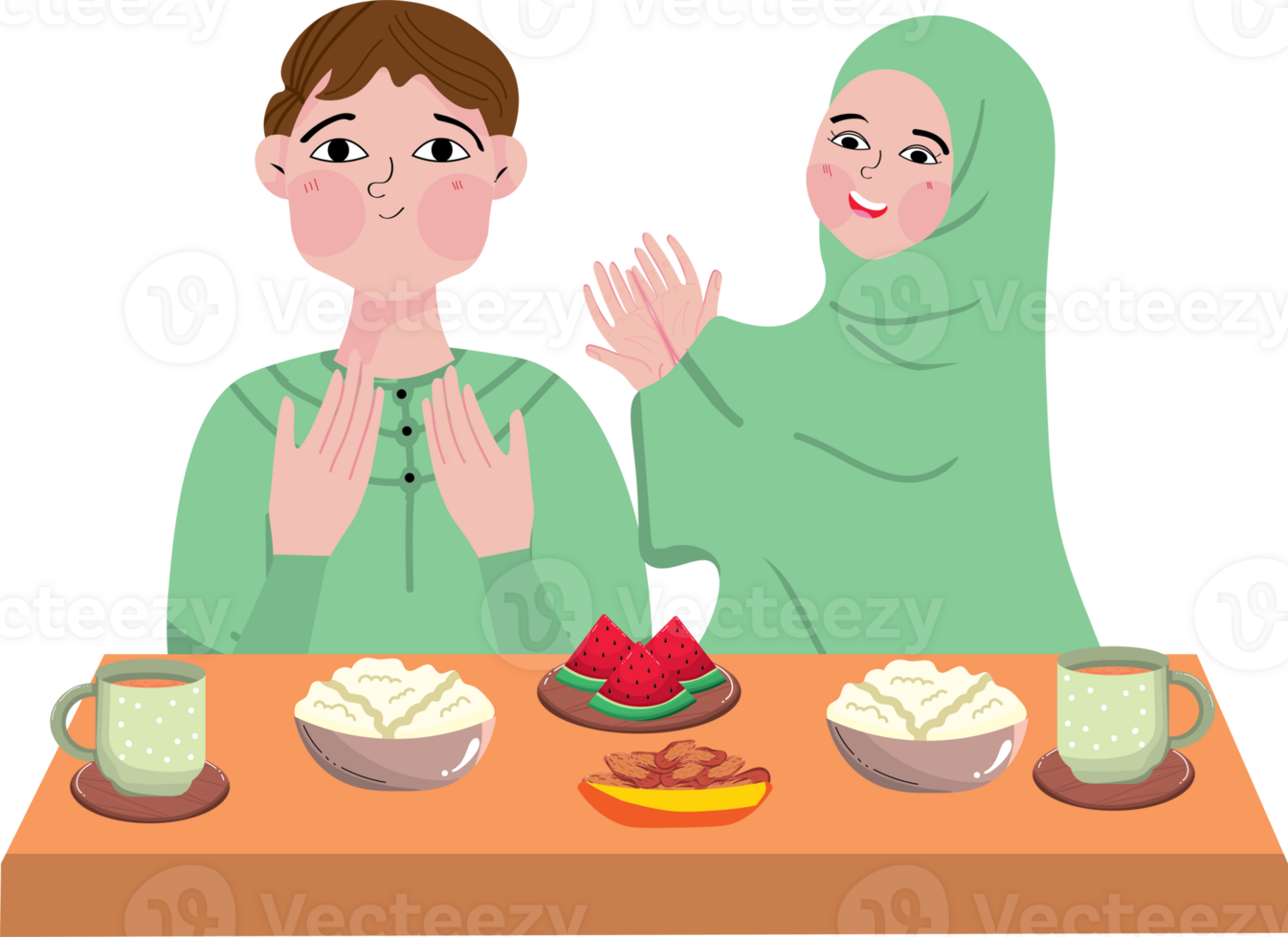 Muslim family Praying Before having Iftar or Suhoor Ramadan kareem png