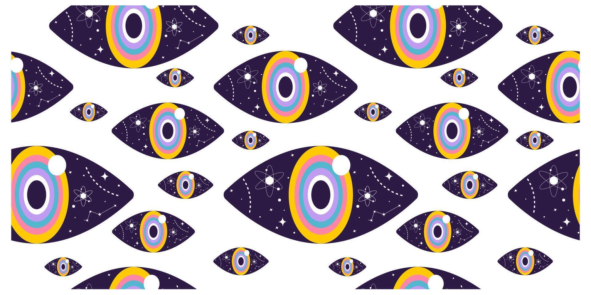 Seamless pattern with surreal elements. Handdrawn design with floating eyes and space. vector