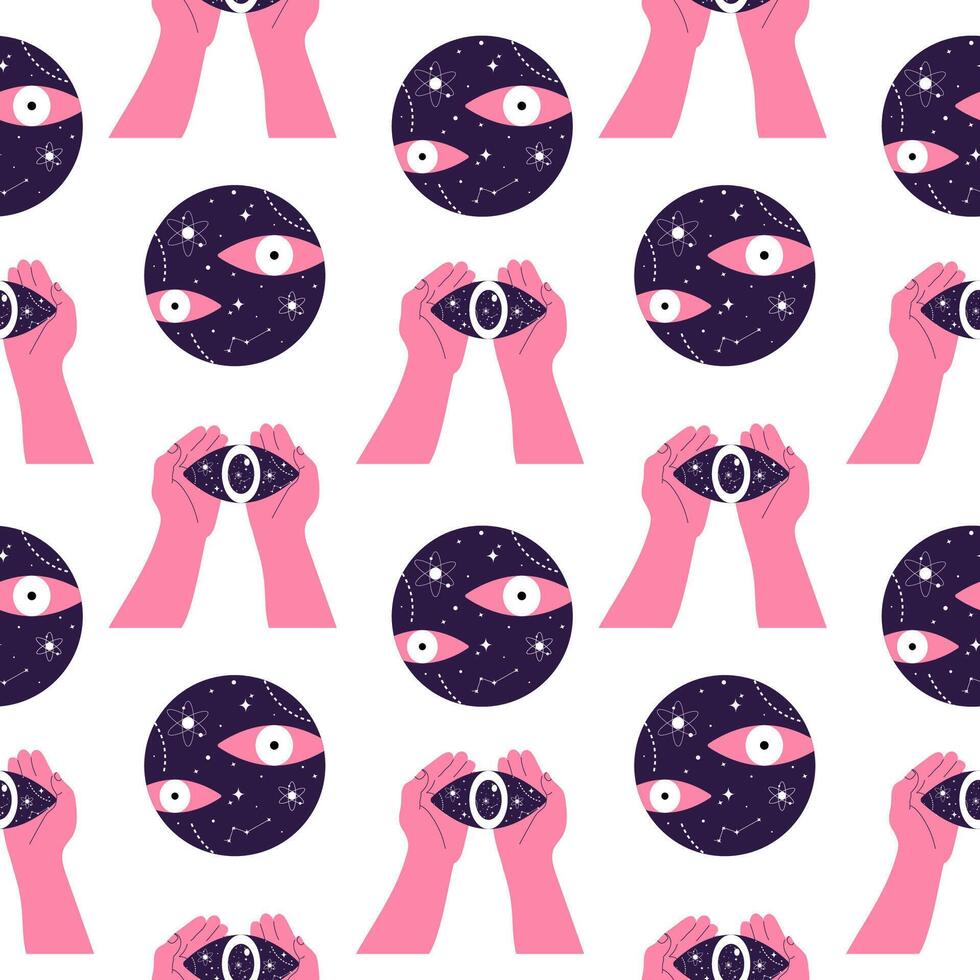 Seamless pattern with surreal elements. Handdrawn design with floating eyes and eyes in hands. vector