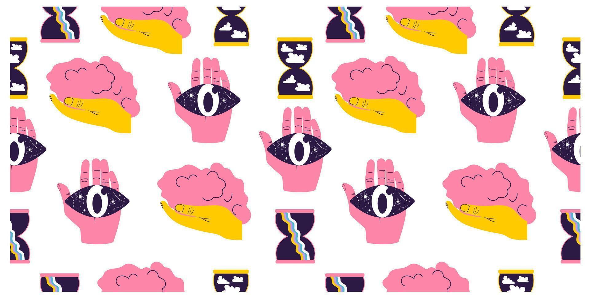 Seamless pattern with surreal elements. Handdrawn design with eye and brain in hand. vector