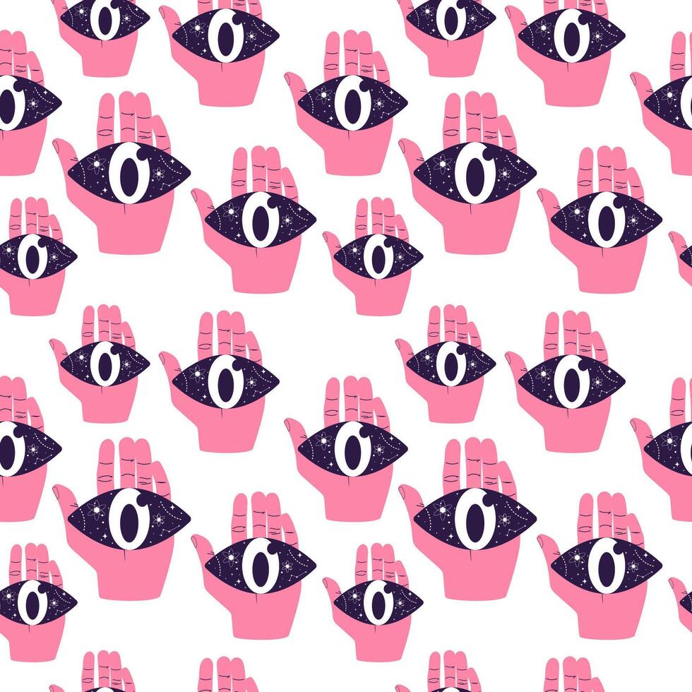 Seamless pattern with surreal elements. Handdrawn design with eyes in hands. vector