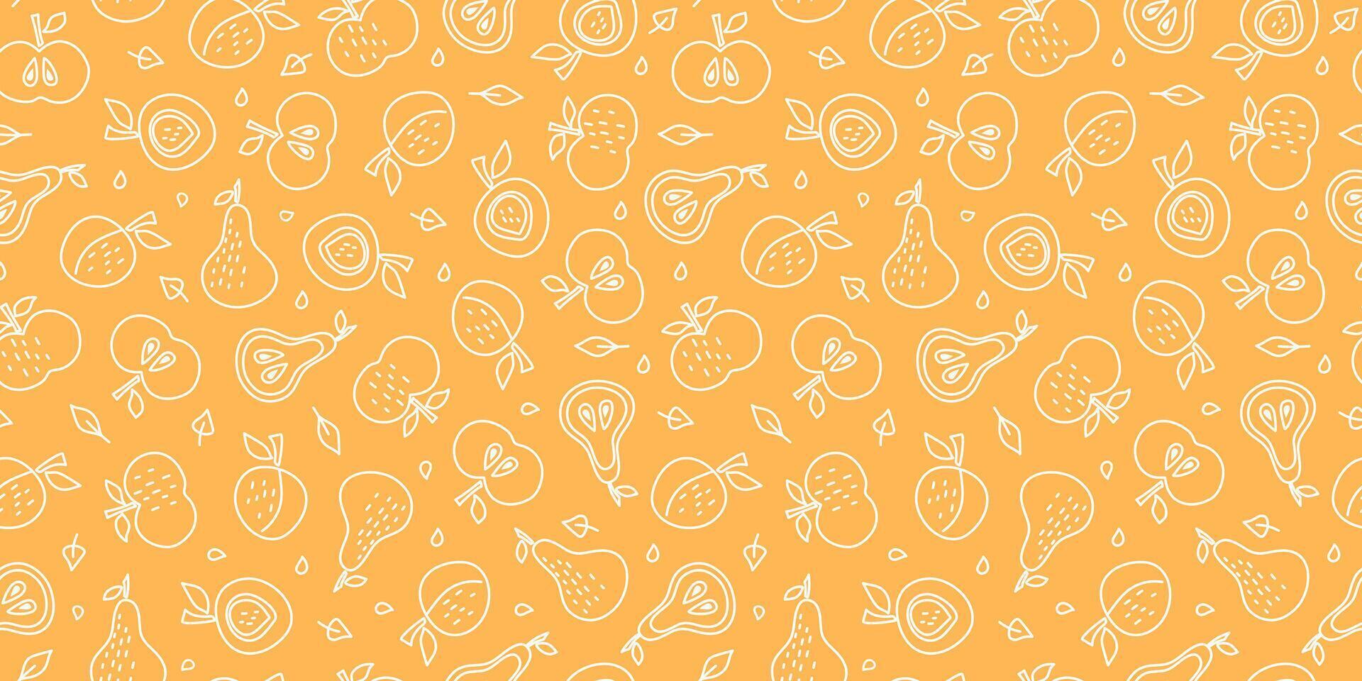 Harvest abstract fruits. Seamless pattern. Outline drawing, doodles. Icons of juicy fruits whole and slices, background, wallpaper decor. vector