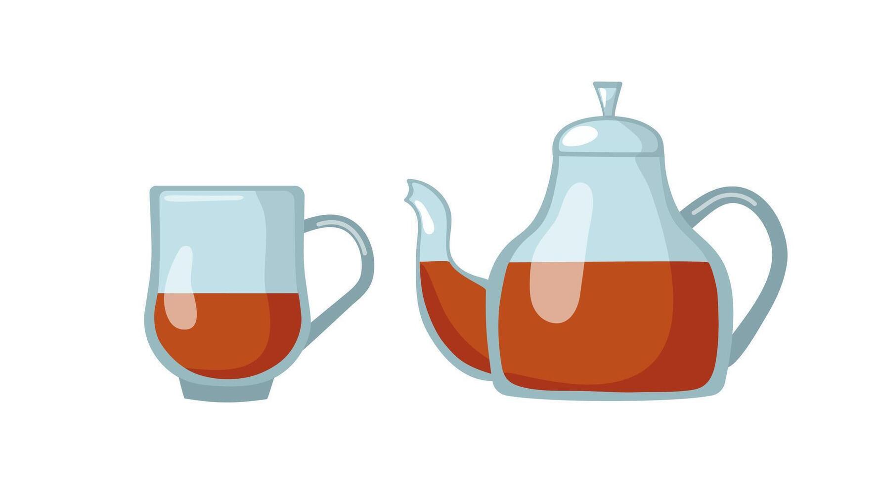 Glass teapot and cup of tea. Tea drinking and tea time. Hot healthy drink. Illustration of flat tea time icons for cafe and restaurant menu design, isolated background. vector