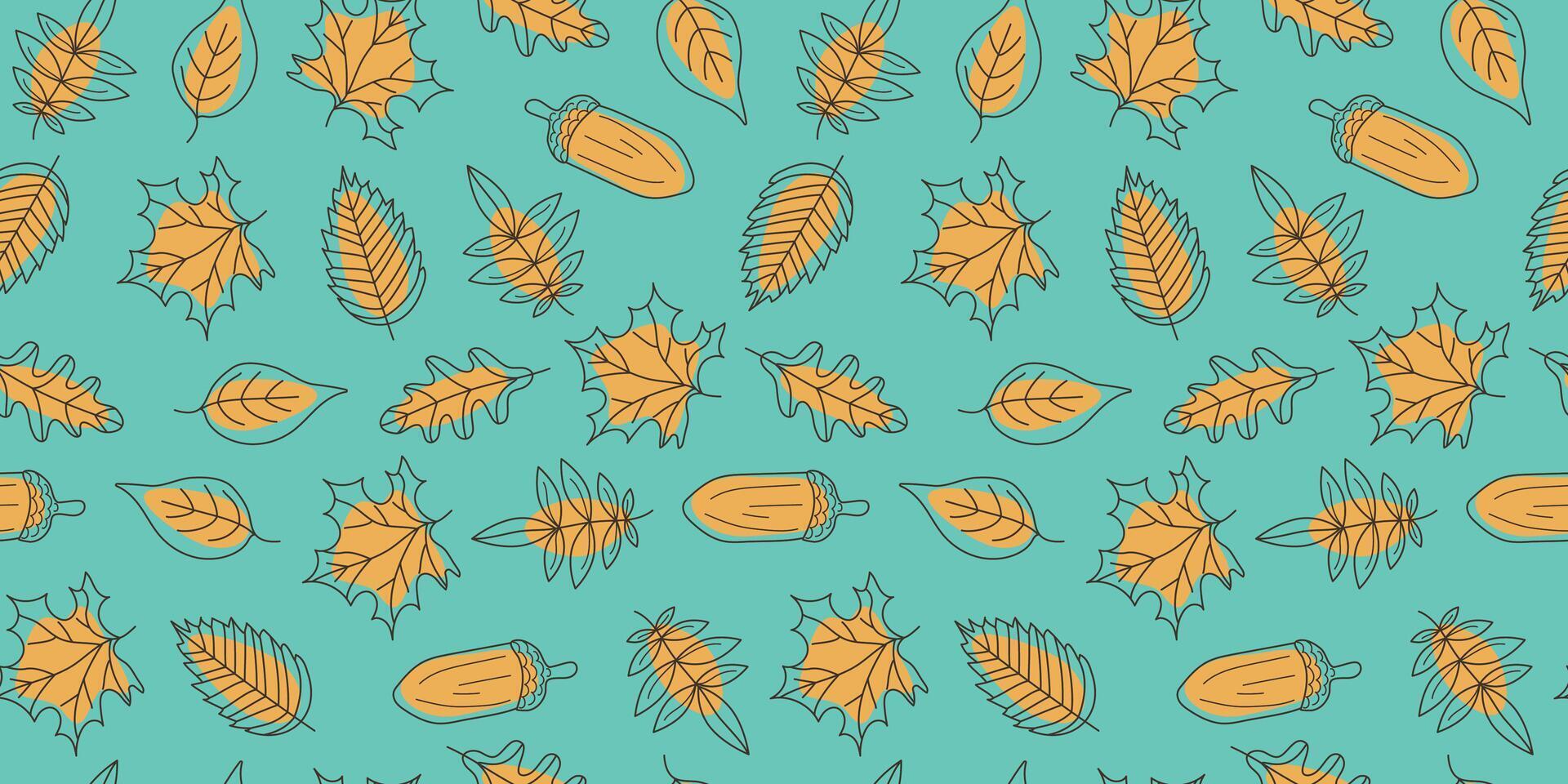 Set autumn leaves and acorn. Leaf fall pattern, natural linear icons. Autumn season. Drawing, doodles, seamless background. vector