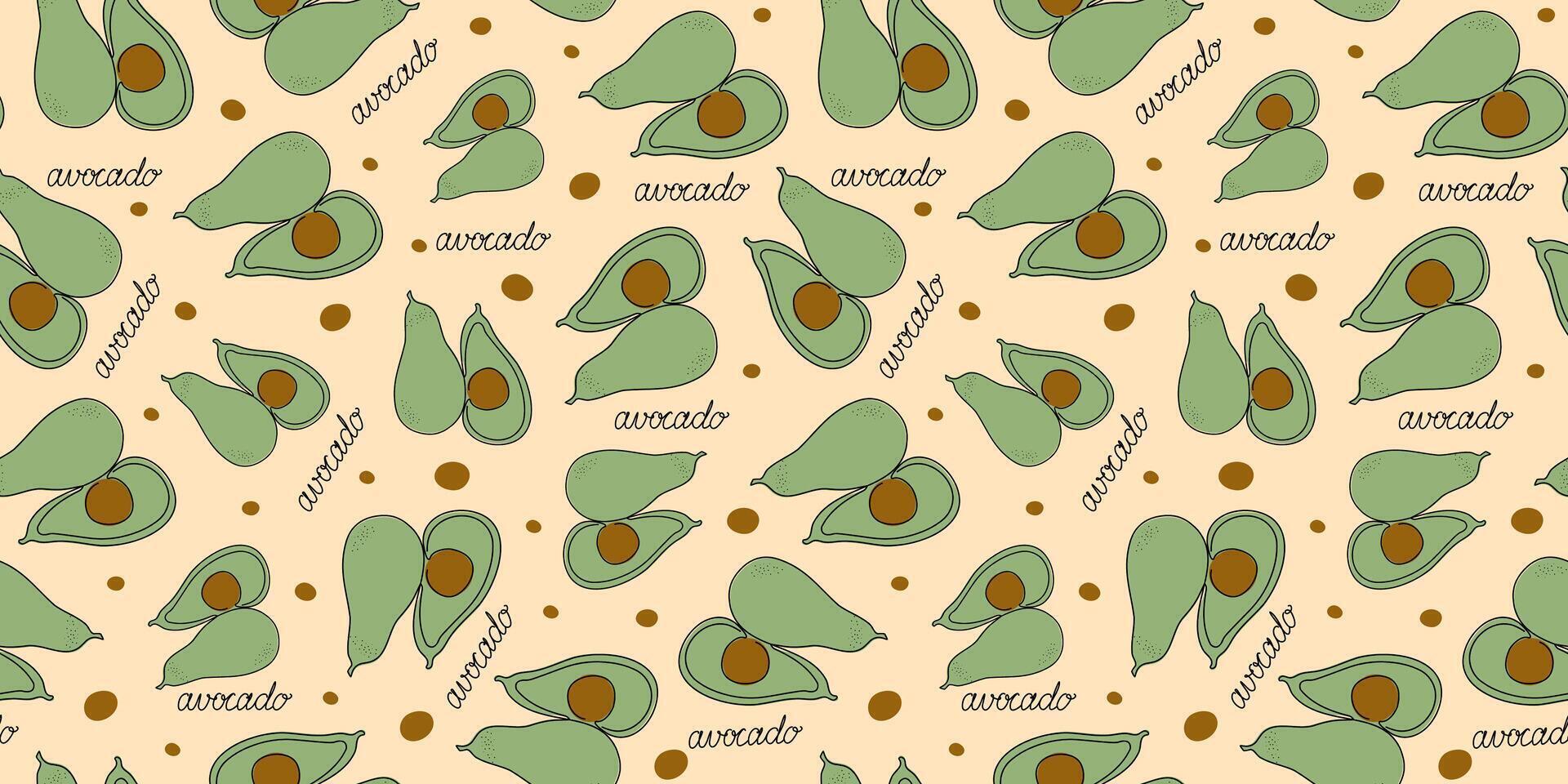 Avocado, inscription. Pattern. Line art. One line drawing, abstract fruits and vegetables, seamless background. vector