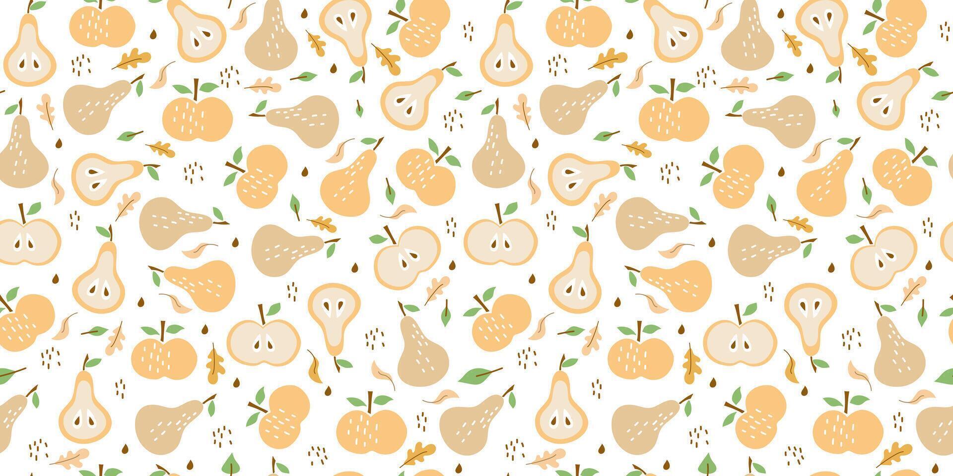 Seamless pattern. Abstract fruits and autumn leaves. Colored icons of juicy fruits whole and slices. Apple, pear, plum, peach. Harvest Festival vector