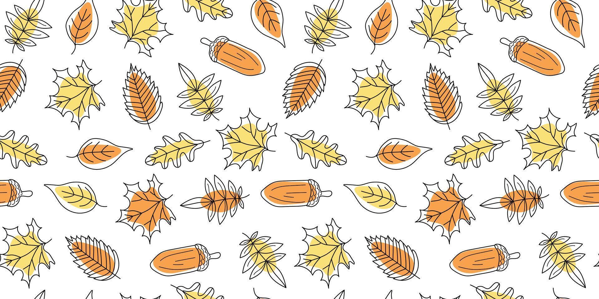 Set of autumn leaves and acorns. Leaf fall pattern, natural linear icons. Autumn season. Drawing, doodles, seamless background. vector