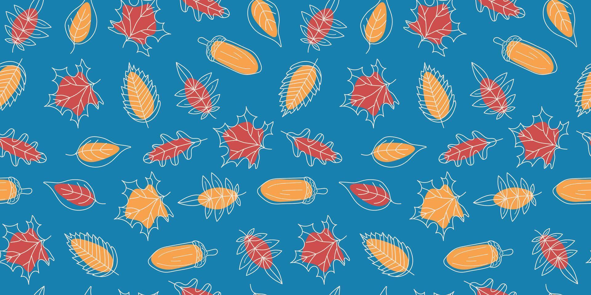 Leaf fall pattern, natural linear icons. Autumn season. Set of autumn leaves and acorns. Drawing, doodles, seamless background. vector