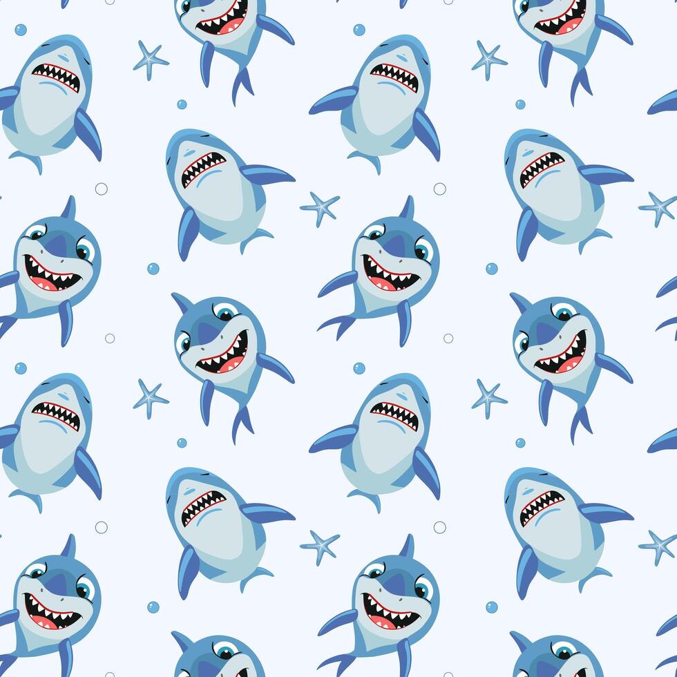 Shark backgrounds. Seamless pattern with cartoon sharks. Funny fish characters vector