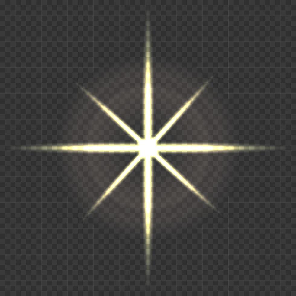 Glitter shining star, glowing spark. Warm lighting effect. Flash. Light ray. Lens flares vector