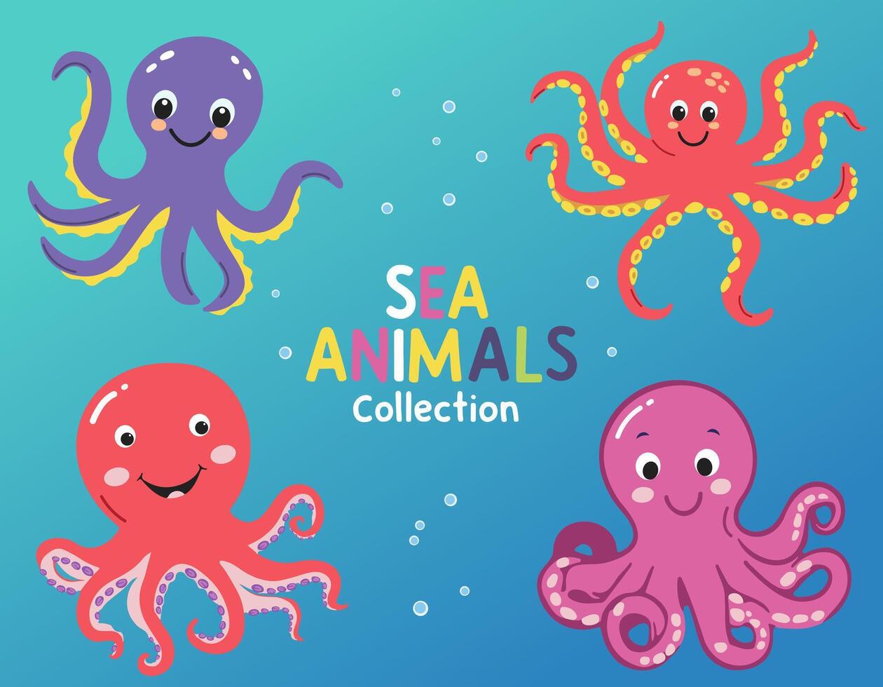 Octopus set. Set of wild marine animals. Cute octopus. Inhabitants of the sea. Flat cartoon underwater scene vector