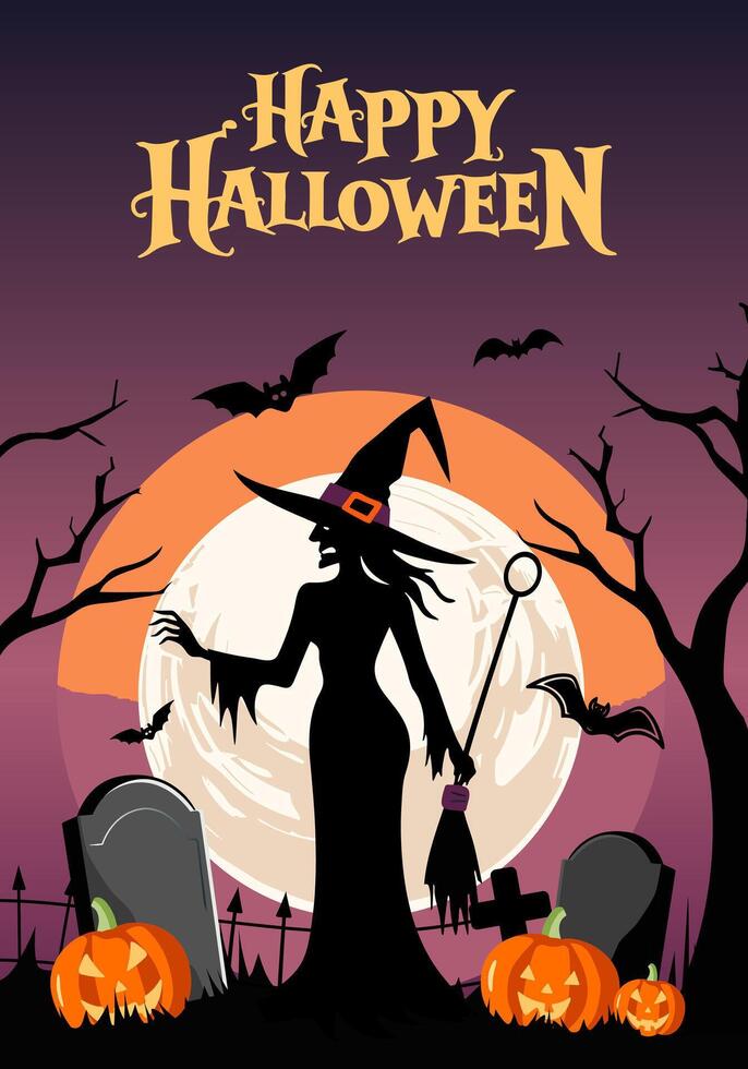 Happy Halloween poster with witch, moon, cemetery, pumpkins. Halloween witch silhouette. Place for text. Brochure background. vector