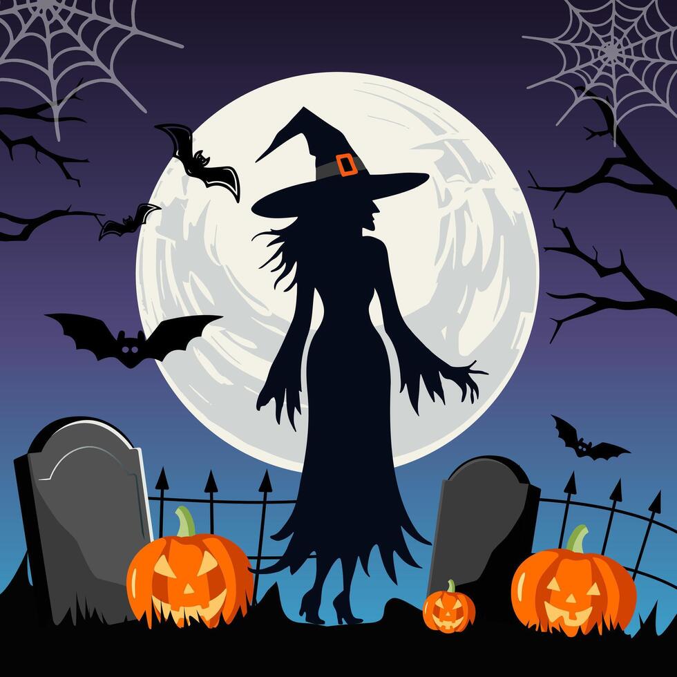 Witch walks through the cemetery. Halloween witch silhouette. Illustration witch, moon, grave, pumpkins vector