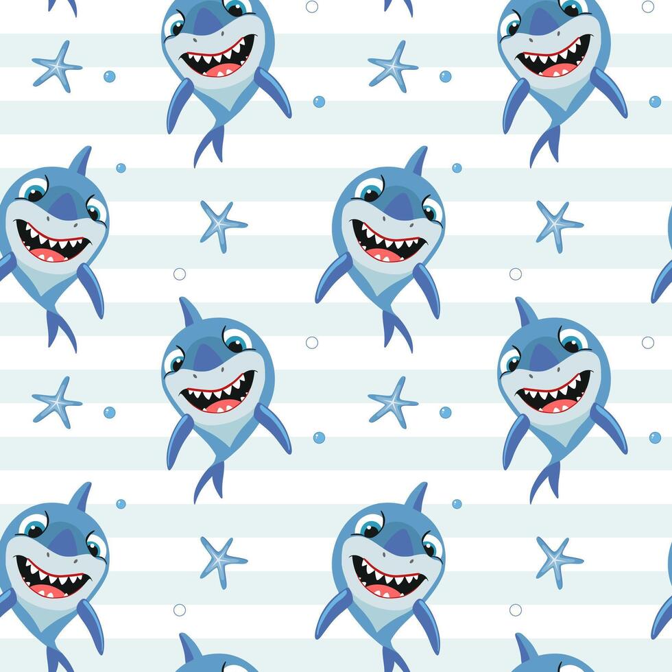 Funny fish characters. Seamless pattern with cartoon sharks. Shark backgrounds. vector