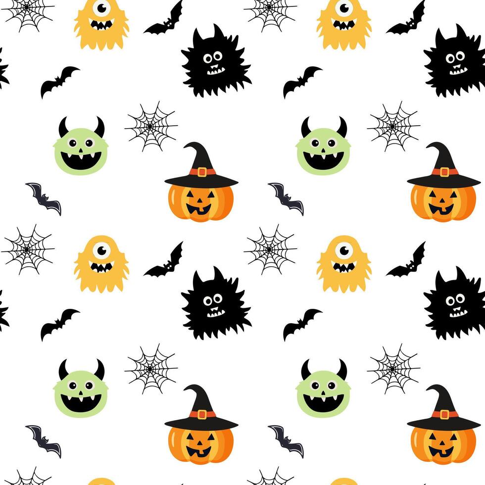 Halloween pattern with funny monsters and pumpkin. Halloween backgrounds, seamless pattern. vector
