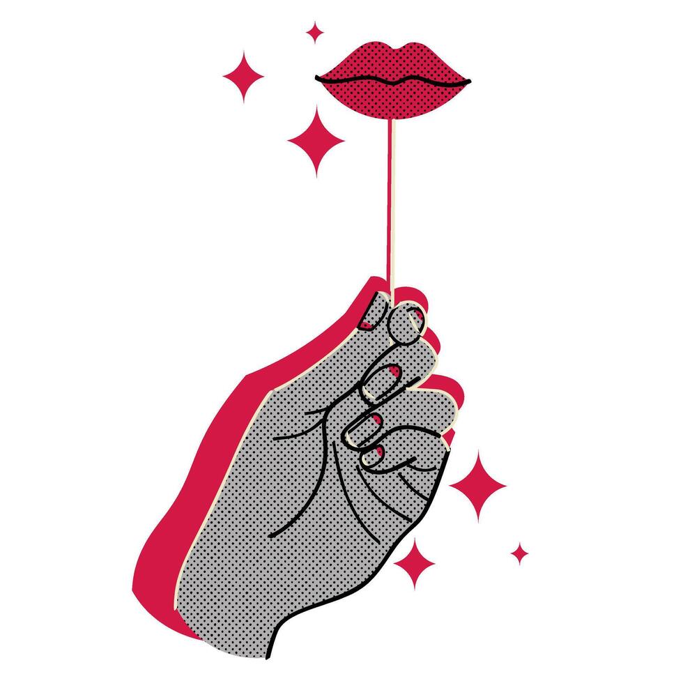 Hand holding cardboard lips on stick halftone doodle sketch vector