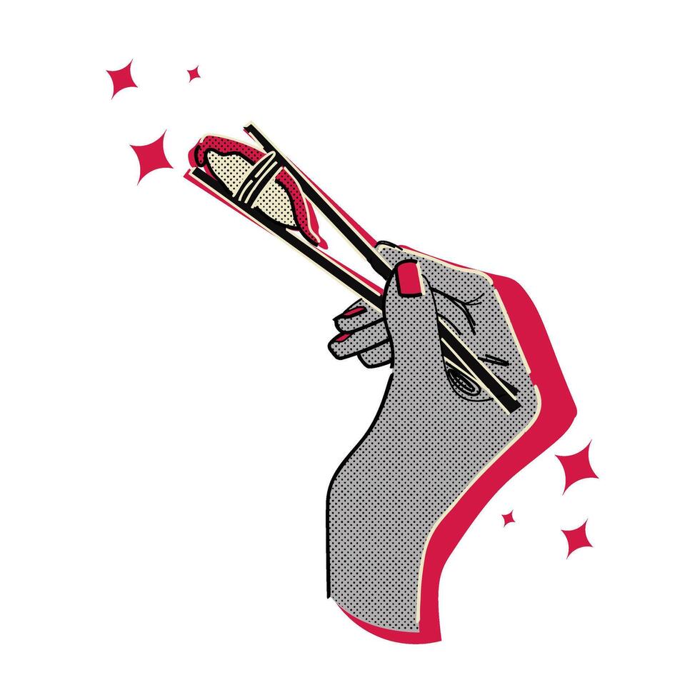 Hand holding sushi with chopsticks halftone doodle sketch vector
