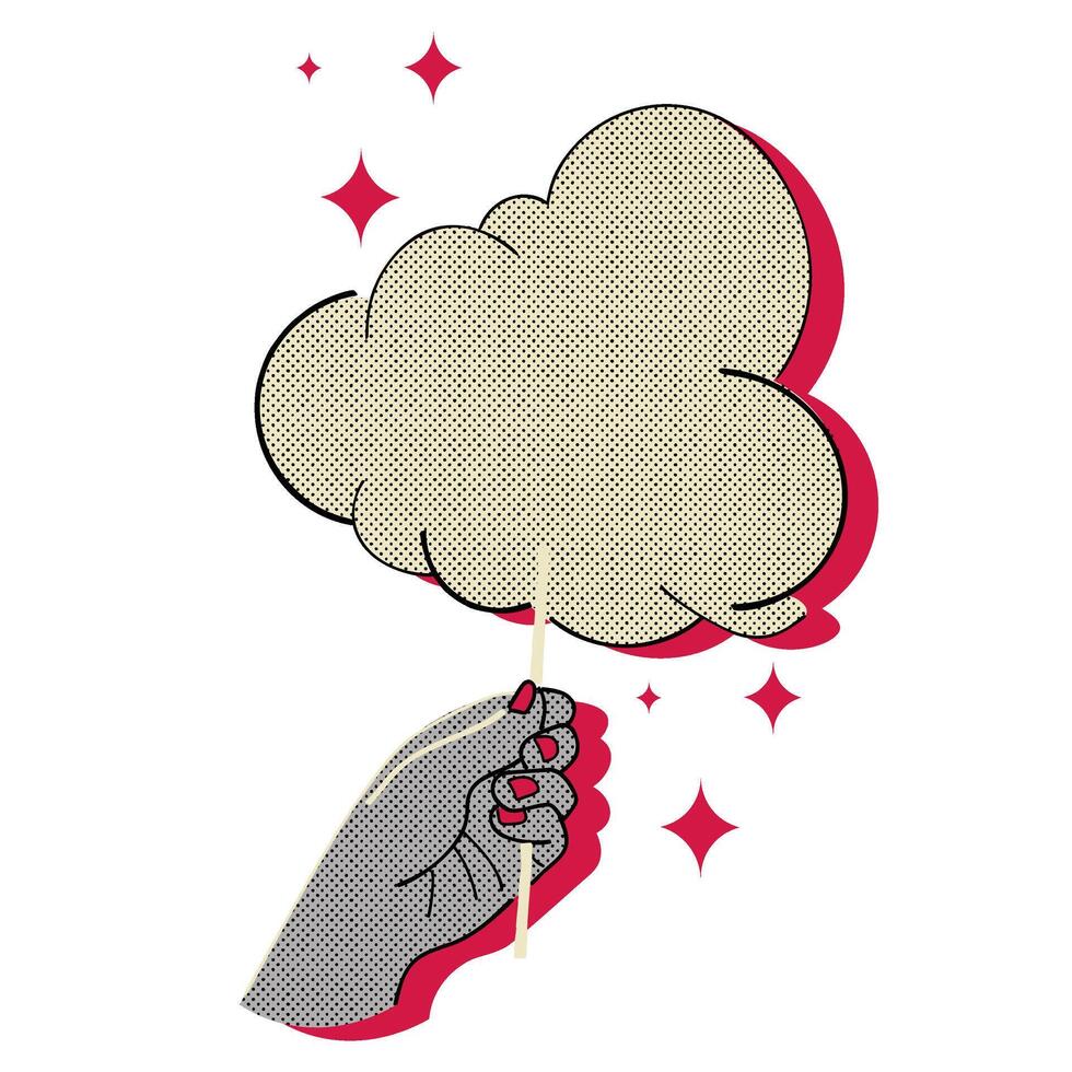 Hand holding cotton candy halftone doodle sketch vector