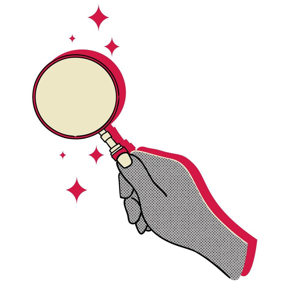 Hand holding magnifying glass halftone doodle sketch vector