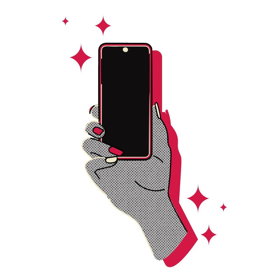 Hand holding smartphone halftone doodle sketch vector