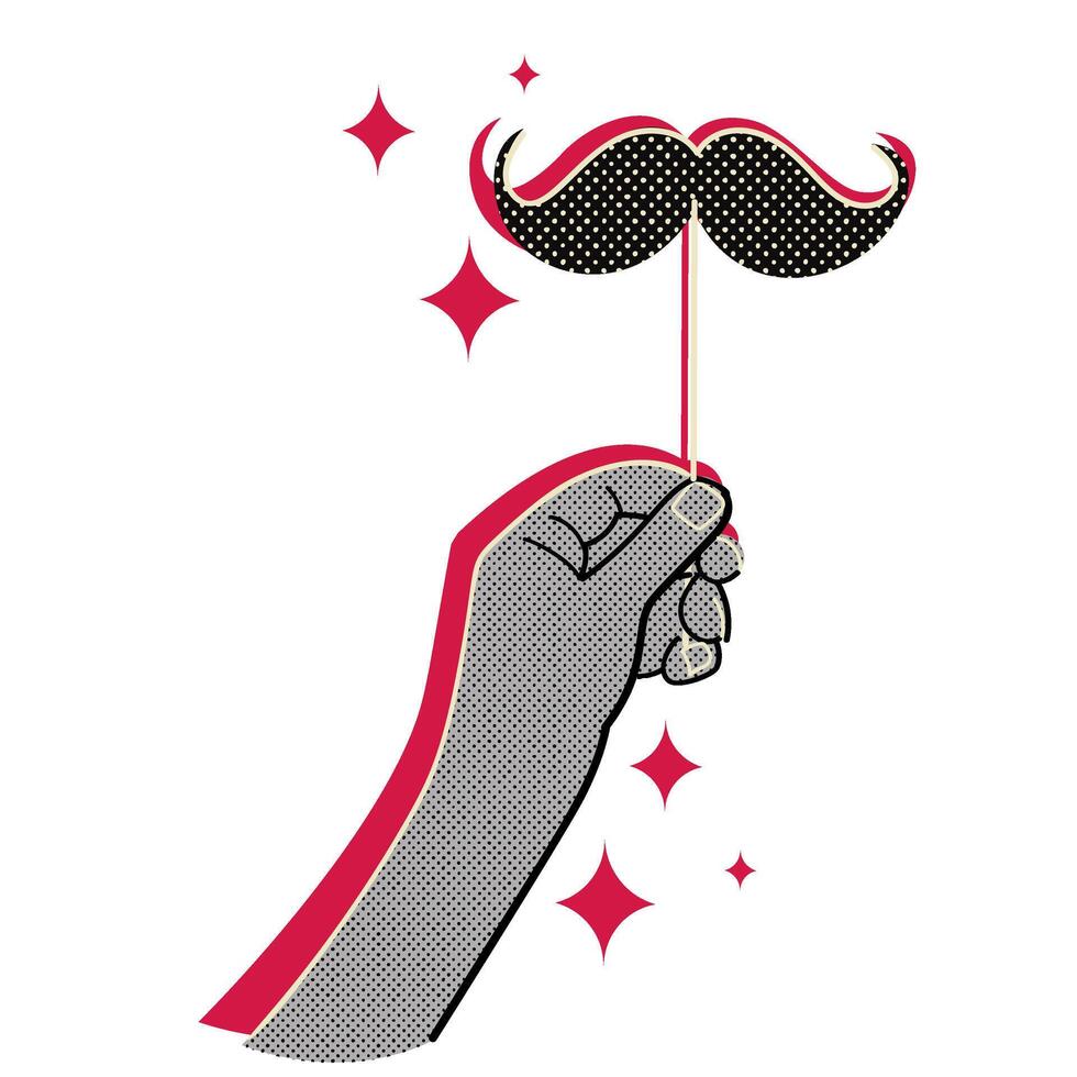 Hand holding cardboard moustache on stick halftone doodle sketch vector
