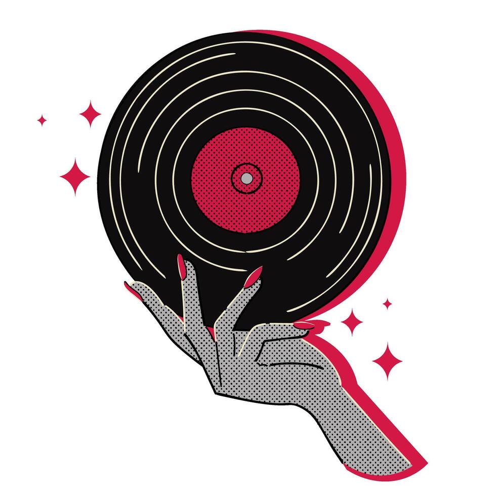 Hand holding music record plate halftone doodle sketch vector